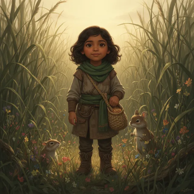 Bramble, a gentle young hero with a green scarf, at ease with small wild creatures in the tall grass of the Whispering Reach.