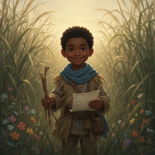Fennick, a curious young hero with a blue scarf, holding a hand-drawn map in the tall grass of the Whispering Reach.