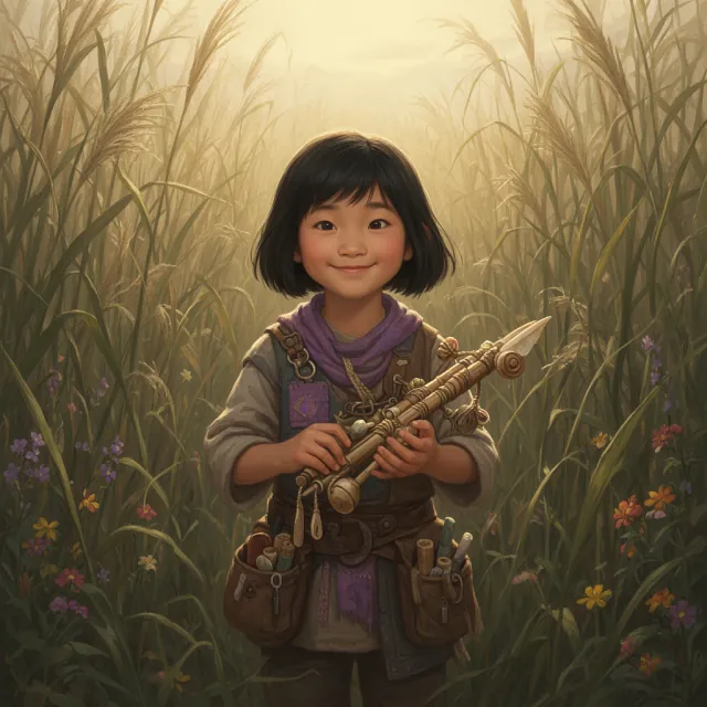 Pib, a bright young hero with a violet scarf, holding a handmade contraption in the tall grass of the Whispering Reach.