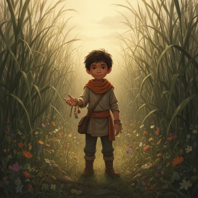 Rue, a brave young hero with an orange scarf, reaching out a hand in the tall grass of the Whispering Reach.