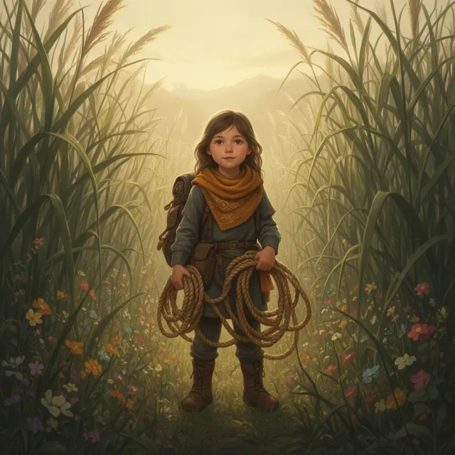 Tamsin, a sturdy young hero with an amber scarf, standing steady in the tall glowing grass of the Whispering Reach.