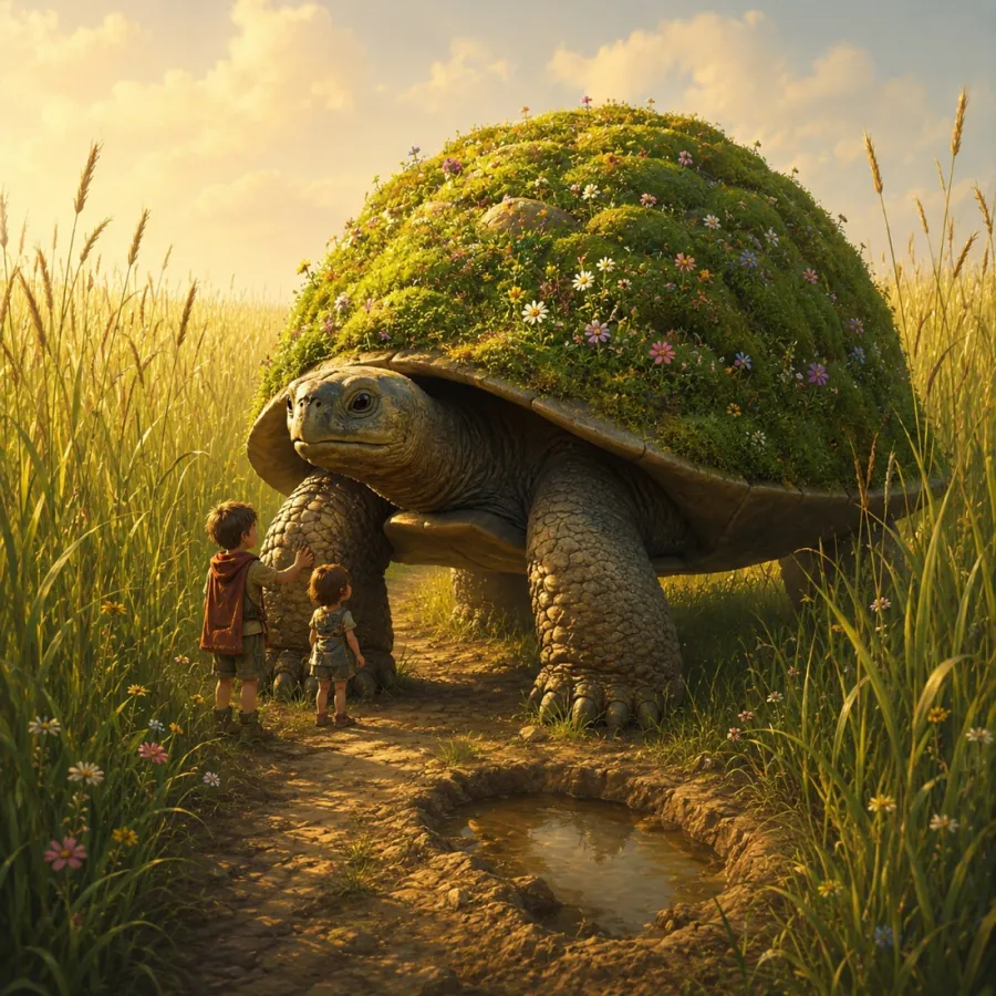 Lolo, a young mossback: a gentle giant tortoise with a garden of moss and flowers growing across its great domed shell, in the glowing grass of the Whispering Reach.